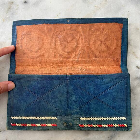 Vintage Handcrafted Leather Wallet – Blue Tooled Leather With Woven Accents - Picture 6 of 12